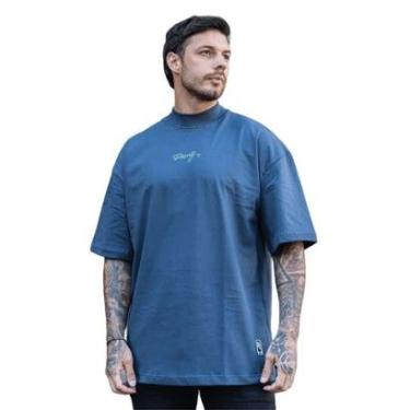 Imagem de Camiseta Oversized Gola Alta Aplique Assinatura Streetwear Confortavel Masculina Cinza-Masculino