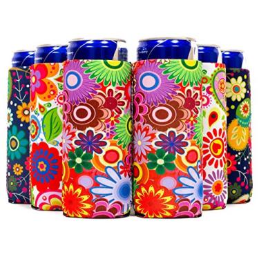 Imagem de QualityPerfection – Manga esfriadora de lata fina – Beer Blank Skinny 340 g Neoprene Coolie – Perfeita para Red Bull, Michelob Ultra, Verdadeiramente, Garra Branca – Ótimo presente para ela, Ele, Negócios (12, Flores + Caixa)