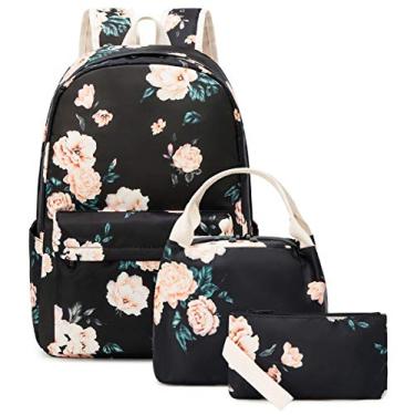 Imagem de Mochila escolar para meninas adolescentes, bolsas escolares leves, conjunto de mochilas, Preto/floral, Large, Conjunto de mochila escolar