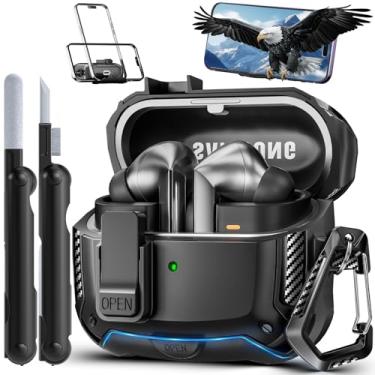 Imagem de MCTOPZO Com suporte de telefone para Samsung Galaxy Buds3 FE (2025)/Buds3 Pro (2024)/Buds 3 (2024), com clipe de bloqueio seguro e kit de limpeza, design de proteção de fibra de carbono à prova de