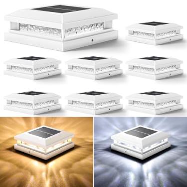 Imagem de Pacote com 8 lâmpadas de poste solares, 2 modos de cores, 16 LEDs, luzes decorativas externas, à prova d'água, postes de cerca movidos a energia solar, serve para postes de vinil/madeira 10 x 12 x 12