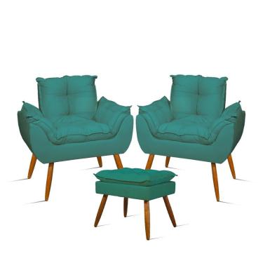 Imagem de Kit 02 Poltronas Decorativas + 01 Puff Para Apoio Dos Pés Cor:azul Turquesa Azul Turquesa