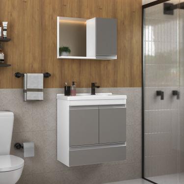 Imagem de Conjunto Gabinete Banheiro Fox 60cm (gabinete + Cuba + Espelheira) Branco Cinza