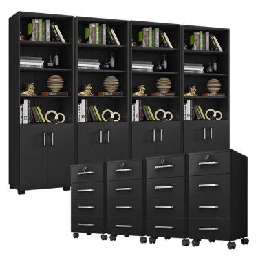 Imagem de Kit 4 Gaveteiros Para Escritório Gávea Com Chave E 4 Livreiros Office Portas Pequenas Preto Fosco - Móveis Leão