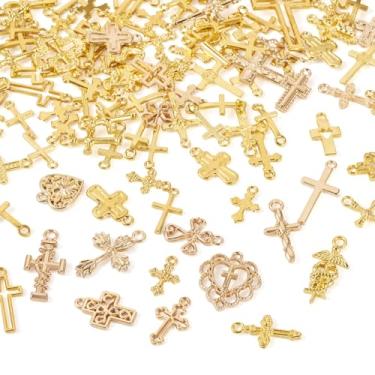 Imagem de Craftdady 129 peças, colar de cruz, pingentes tibetanos antigos de prata com pingente de cruz de liga metálica, pingentes de chaveiro dourado, pingentes para fazer joias artesanais, Metal não precioso