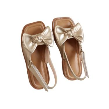 Imagem de GORGLITTER Sandálias Femininas Com Laço Metálico, Salto Baixo, Elegante, Tira No Tornozelo, Fofas, Casamento De Verão, Praia, 2025, Douradas, 1