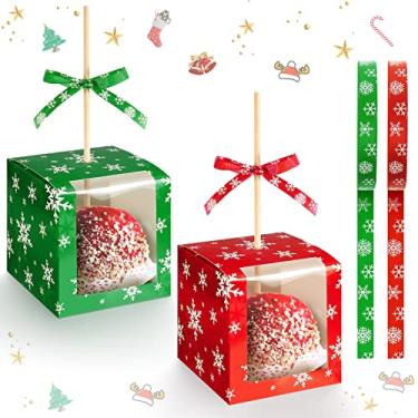 Imagem de Conjunto de 50 caixas de natal para doces de maçã com furos e fitas 10 x 10 cm caixas de lembrancinha transparentes para bolo de chocolate caramelo caixas de presente para festa de casamento (flocos de som)