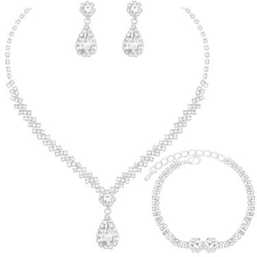 Imagem de HONGLU Conjunto elegante de colar de cristal e pulseiras, conjuntos de joias de casamento de prata para noivas, damas de honra, formatura, fantasia formal, acessórios para mulheres, 25, Metal, Cristal