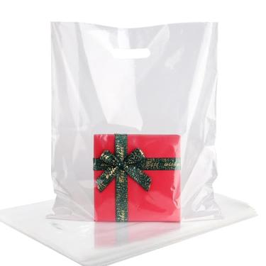 Imagem de HOIIOH Pacote com 50 sacos plásticos transparentes com alças cortadas de 38 x 45 cm - 1,75 mm de espessura de PEBD | Sacos de compras e presentes reutilizáveis para loja de roupas, boutique, feira