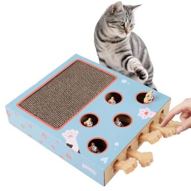 Imagem de Pawise Arranhador Fun Plus Play – Brinquedo interativo para gatos com raspadinha, furos para espiar e patas deslizantes, caixa de quebra-cabeça multiatividades para gatos internos, 35 x 25 x 6 cm