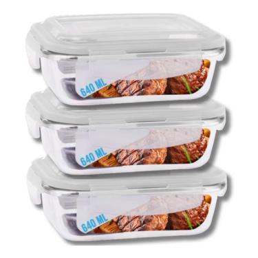Imagem de Kit 3 Potes Tampa Hermetica 4 Travas Retangular Vidro 640ml - Casa Lin