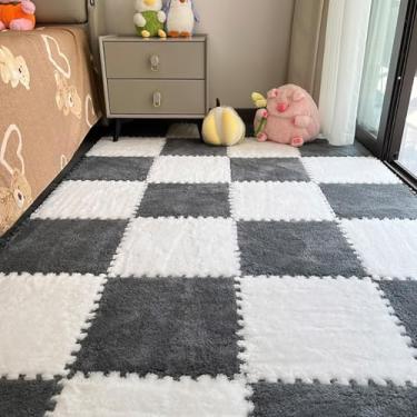 Imagem de 12 peças de carpete entrelaçado de espuma de pelúcia, tapetes macios e fofos com enchimento, tapetes coloridos de proteção de piso para casa, quarto de crianças, sala de jogos (branco e cinza, 11,8 x