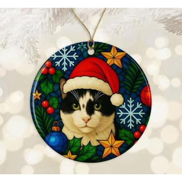 Imagem de Enfeite de Natal de gato arlequim bicolor - Enfeites de Natal bicolor engraçados - Presente para amantes de gatos - Decoração fofa de Natal - Memorial do animal de estimação impresso em ambos os lados