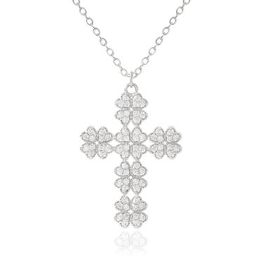 Imagem de MUSEQVE Colar de cruz de trevo para mulheres, banhado a ouro 14K, coração, quatro folhas, trevo, cruz, joias, zircônia cúbica, elegante, colar cristão [CXN-CV], 17 inch with 2 inch extender, Aço