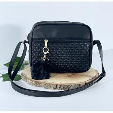 Imagem de Bolsa Feminina Alça Transversal Tira Colo Estampa Moderna Com Pompom(Preto)