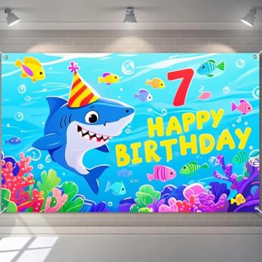 Imagem de BlissYard Banner Happy 7th Birthday Ocean World Adventure 71 x 43 polegadas fundo do mar com chapéu de festa tubarão peixe colorido para crianças meninos meninas sétimo ano decoração festa decoração