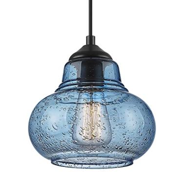 Imagem de ELYONA Luminária pendente de 20 cm para ilha de cozinha moderna azul soprada à mão de vidro bolha luminária suspensa para sala de jantar, bar, quarto, sala de estar
