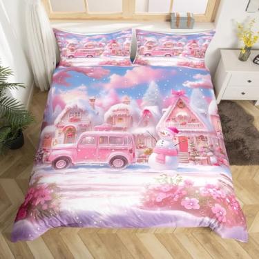 Imagem de Manfei Conjunto de capa de edredom de Natal, tamanho Queen, rosa com estampa de caminhão, boneco de neve, para decoração de quarto de crianças, meninas, tema de ano novo, capa de edredom leve, 2