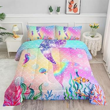 Imagem de Datura home Conjunto de edredom com estampa de cauda de sereia rosa arco-íris e 1 e 2 fronhas para quarto de meninas (rainha) Queen 228 x 228 cm