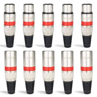 Imagem de Kit 10 Conectores XLR Macho e Fêmea Voik PVK-MV Metal Vermelho