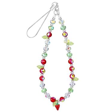 Imagem de Pulseira de celular com pingente de morango vermelho para câmera, cordão de strass com contas de morangos, corrente de telefone para bolsa, mochila, berloques, chaveiro, berloques de celular, enfeite