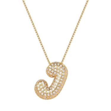 Imagem de Mint & Lily Colar feminino com inicial de ouro Pave Bubble – banhado a ouro 18K sobre latão com corrente delicada, presente para mulheres, Latão, Sem Pedra Preciosa