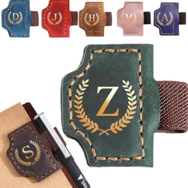 Imagem de Marcador de livro personalizado com suporte de caneta, marcador magnético de couro, 26 letras, presentes para amantes de livros, leitores, marcadores de livro de couro para homens e mulheres (verde, Z
