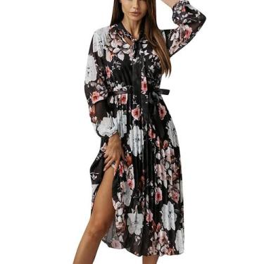 Imagem de Vestido feminino casual estampado longo plissado de manga comprida fes