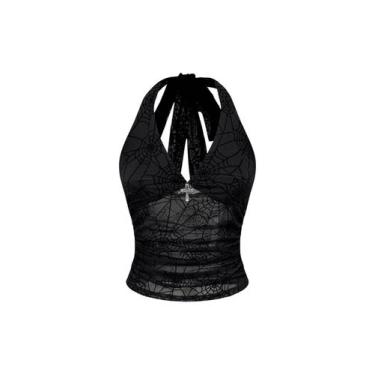 Imagem de Crop Top Verdusa Y2k Gothic Goth Halter Mesh Puro Preto