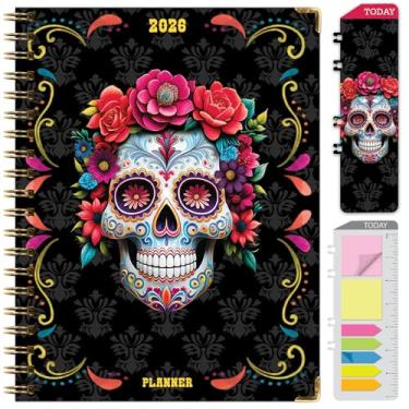 Imagem de Agenda Hardcover 2026, 21,6 cm x 28 cm: 14 meses (novembro de 2025 a dezembro de 2026), agenda mensal diária, agenda anual, marcador de livro, pasta de bolso e conjunto de notas adesivas (caveira de