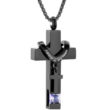 Imagem de Colar de urna com cruz preta para cinzas de entes queridos com pedra do mês de nascimento Always In My Heart, joia de cremação, pingente de lembrança, feminino, masculino, Small, Metal, Sem Pedra