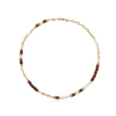 Imagem de IDOKAWA Colar de contas de olho de tigre com pérola, gargantilha vintage boho ouro 18K para mulheres, joia assimétrica de declaração, ajustável, 40 + 6,9 cm, presente para aniversário de aniversário