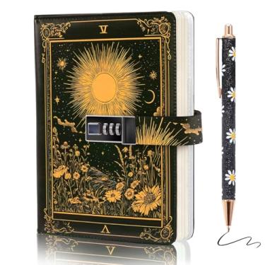 Imagem de Kifredwo Diário com cadeado para mulheres e meninas, A5 192 páginas, diário de senha vintage com cadeado, caderno de couro recarregável com linda caneta esferográfica margarida, diários femininos para