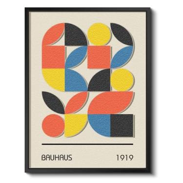 Imagem de Arte de parede Bauhaus de arenito de painel duplo empilhado 3D emoldurado, 30,5 x 40,6 cm, formas geométricas abstratas coloridas, impressão texturizada, estilo moderno, meados do século, sala de