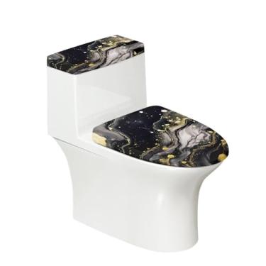 Imagem de Mintulipy Conjunto de tampa de vaso sanitário para a maioria dos tanques e tampas de vaso sanitário para estampa de mármore dourado conjunto de capas de vaso sanitário elásticas para banheiro