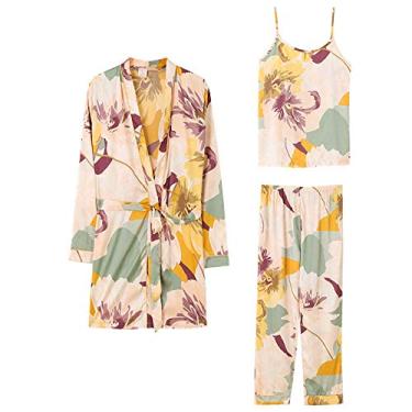 Imagem de ifgswopq Conjunto de roupões femininos de seda com estampa floral de outono 3 peças roupa de dormir manga comprida lingerie de roupão de banho feminino (1X)
