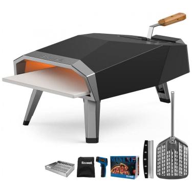Imagem de Forno de Pizza a Gás Portátil com Pedra, Descascador, Cortador de Pizza, Termômetro Infravermelho e Tampa , Ecowell EPO12L, Preto