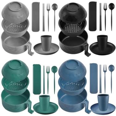 Imagem de Romooa Conjunto de 24 peças de panelas de ramen para micro-ondas, conjunto de utensílios de jantar de palha de trigo para 4 com tigela de ramen de 935 g, pratos, copos e caixa de talheres, pode ser