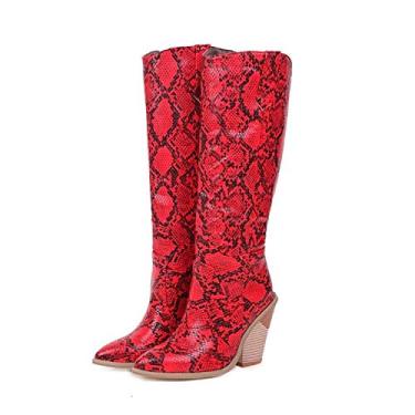Imagem de Bigfanshu Botas femininas de cowboy na altura do joelho com estampa de cobra estilo estranho salto alto botas longas outono inverno atlético conforto ocasião elástica cano alto clima frio e botas de pele, Vermelho, 39 BR