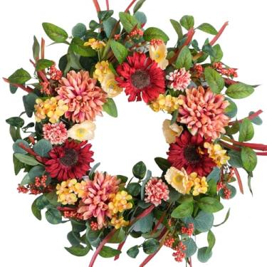 Imagem de TEMPUS Guirlanda artificial de outono de 61 cm com girassóis e dálias – Guirlanda de colheita feita à mão para porta da frente, decoração de parede interna, decoração de Ação de Graças