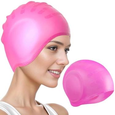 Imagem de Touca de natação de tecido para adultos, homens e mulheres, chapéu de banho leve de camada de silicone impermeável para uso na piscina e praia, presente confortável para nadadores – rosa