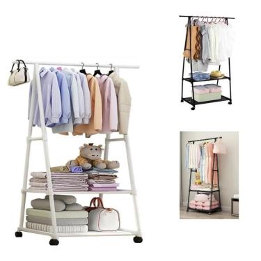 Imagem de Guarda Roupa Suporte Organizador Cabideiro Portatil 2 Prateleiras Arara Carrinho Sapateira Armazenamento Quarto Cor:bran