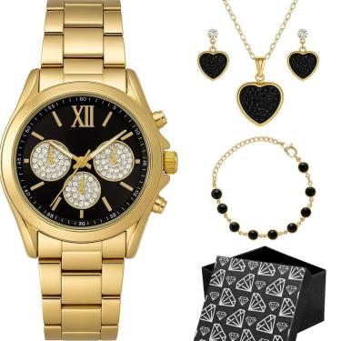 Imagem de Relogio Dourado Feminino Aco Inox + Caixa + Pulseira Oculos Preto Casual Losango Qualidade Premium