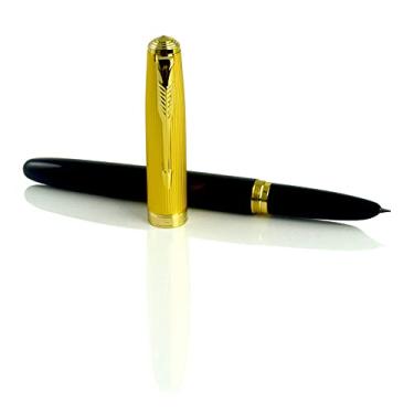 Imagem de Caneta-tinteiro Jinhao 85, acrílico preto, ponta fina com conversor de tinta, acabamento dourado, caixa de presente