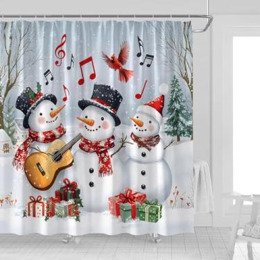 Imagem de UOZXOML Cortina de chuveiro de Natal, boneco de neve, violão, música, neve, floresta, cena, Natal, pássaro, pinheiro, floco de neve, casa de fazenda, tecido natalino, decoração de banheiro, cortinas
