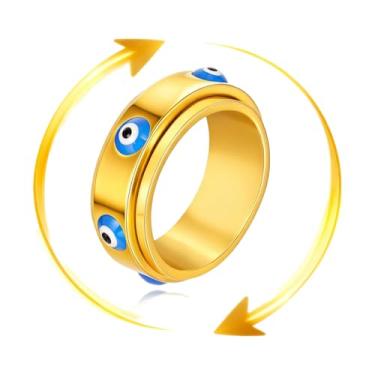 Imagem de Anel fidget de olho turco para mulheres – Anel giratório de aço inoxidável banhado a ouro 18K para alívio da ansiedade, anel Ojo Turco amuleto da sorte, proteção da fé turca, joia empilhável presente