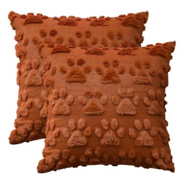 Imagem de AVOIN colorlife Dog Paws Farmhouse Capas de almofada caramelo, 45,7 x 45,7 cm de pelúcia macia jacquard capa de almofada decoração de festa conjunto de 2