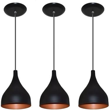 Imagem de Kit 3 Lustres Luminaria Pendente Modelo Funil Gota- Ideal para balcão cozinha americana, bancada (Preto com Cobre)