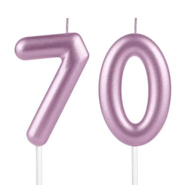 Imagem de 70º velas de aniversário rosa metálico, número 70 velas de aniversário rosa metálico para decoração de topo de bolo, mulheres, homens, casamentos, comemorações, artigos para festas felizes