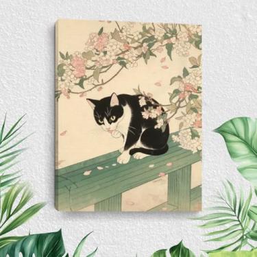 Imagem de Arte de parede em tela de gato de desenho animado, pinturas de arte emolduradas em estilo japonês, estampa de flores para amantes de gatos para sala de estar, sala de jantar, decoração de casa para